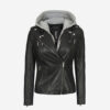 Bagheria Womens Top Notch Black Leather Jacket with Hood