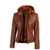 Helen Womens Cognac Leather Jacket with Removable Hood