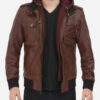 Men's Dark Brown Bomber Leather Jacket with Removable Hood