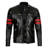 Hunter Men’s Cafe Racer Black Leather Red Striped Jacket