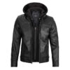 Men’s Black Cafe Racer Leather Jacket With Removable Hood