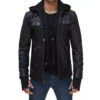 Mens Black Leather Bomber Jacket With Removable Hood