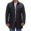 Mens Black Shirt Collar 3/4 Length Leather Coat