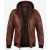 Mens Brown Leather Bomber Jacket With Removable Hood