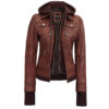 Tralee Women's Dark Brown Bomber Leather Jacket With Removable Hood 1