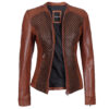 Womens Brown Textured Leather Biker Jacket