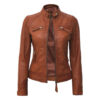 Women’s Quilted Tan Waxed Motorcycle Leather Jacket