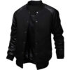 Men's Fashion Splicing Leather Sleeve Baseball Varsity Bomber Jacket(Black,Small)