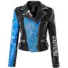 Women's Sky Blue Funky Style Harley Quin & WWE Studded Toni Storm Leather Jacket