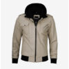 Men's Beige Hooded Bomber Leather Jacket Lambskin Leather, Style, Removable Hoodie