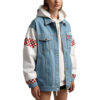 Women's Stylish Denim Hoodie Jacket with Bold Checkered Sleeve Accents for a Modern Streetwear Look