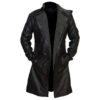 Black Leather Trench Coat with Textured Collar Design