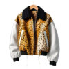 Cheetah Pattern Print White Sleeves Women's Versity Jacket with Shearling Accents