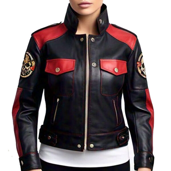 Women's Black and Red Biker Leather Jacket with Embroidered Details