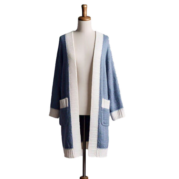 Women's Blue and White Open-Front Knit Cardigan