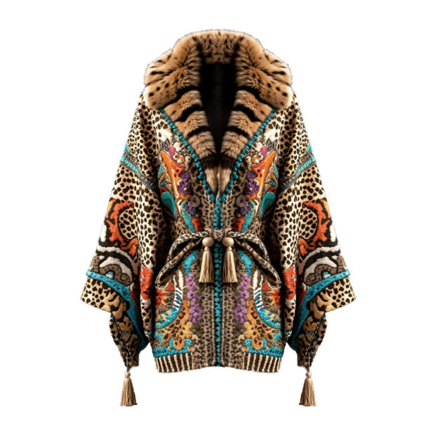 Women's Bohemian Luxe Embroidered Cloak with Faux Fur Collar