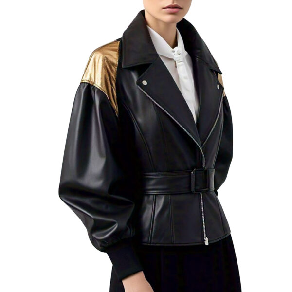 Women's Elegant Black Leather Jacket with Gold Accents