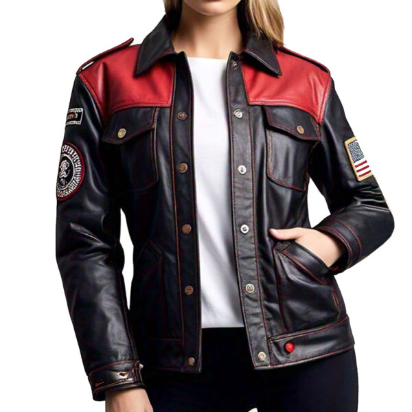 Women's Black and Red Leather Jacket with Embroidered Patches