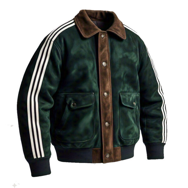 Men's Green and Brown Retro Bomber Jacket with Stripe Accents