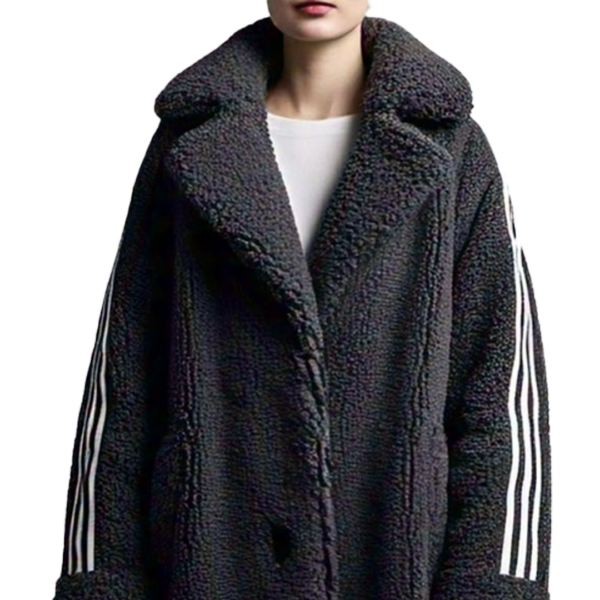 women's Cozy Charcoal Fleece Long Coat with Striped Sleeve Detail - Image 2