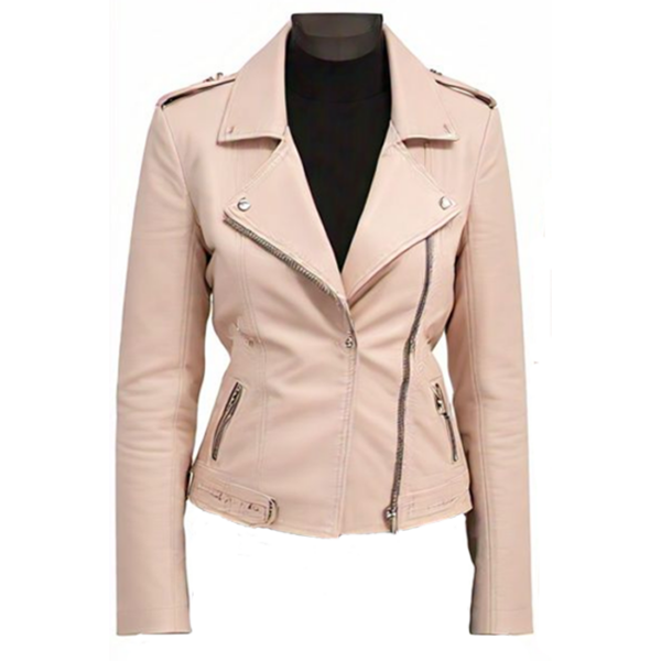 women's Elegant Beige Leather Moto Jacket