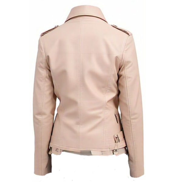 women's Elegant Beige Leather Moto Jacket - Image 2