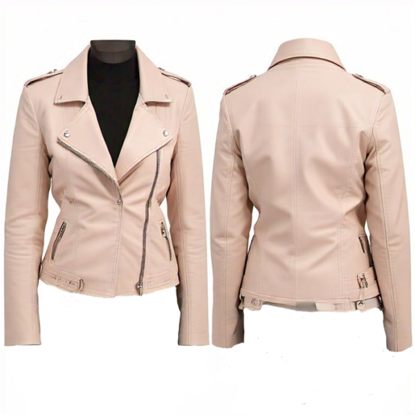 women's Elegant Beige Leather Moto Jacket - Image 4