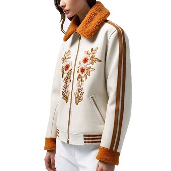 Women's Embroidered Floral Cream Jacket with Shearling Collar