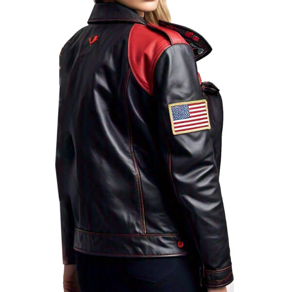 Women's Black and Red Leather Jacket with Embroidered Patches - Image 2