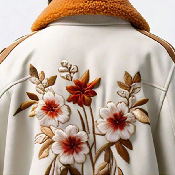 Women's Embroidered Floral Cream Jacket with Shearling Collar - Image 2