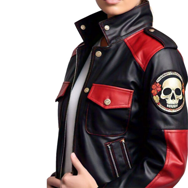 Women's Black and Red Biker Leather Jacket with Embroidered Details - Image 3