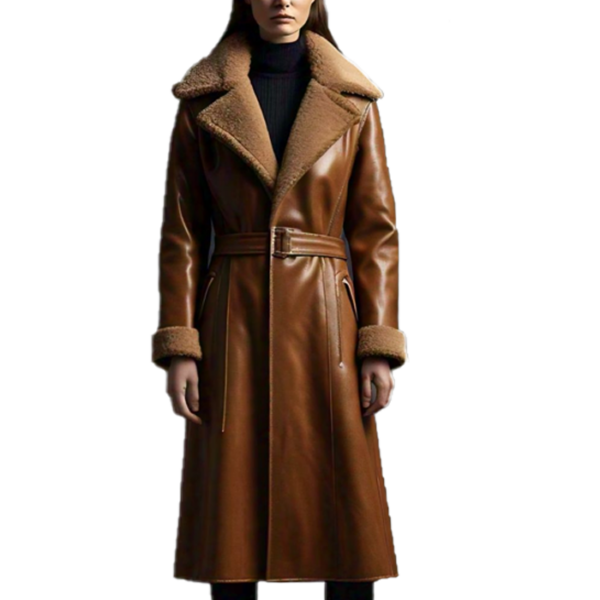 Women's Genuine Leather Trench Coat with Shearling Lining Full Sleeve Winter Fashion Street Style Coat