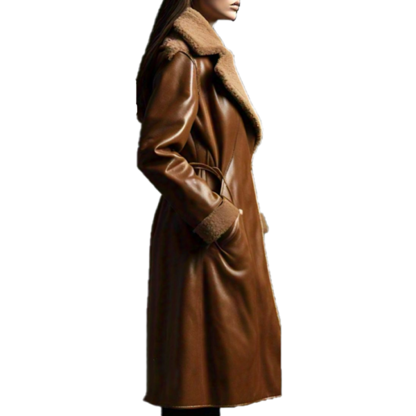 Women's Genuine Leather Trench Coat with Shearling Lining Full Sleeve Winter Fashion Street Style Coat - Image 3