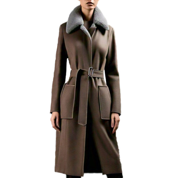 Luxurious Brown Wool-Blend Belted Coat with Plush Shearling Collar for Women's