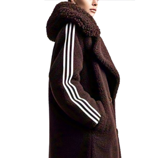 Women's DARK BROWN White STRIPPED SLEEVES Winter Warm Wool OverCoat - Image 6