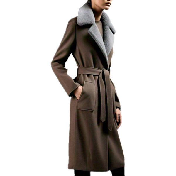 Luxurious Brown Wool-Blend Belted Coat with Plush Shearling Collar for Women's - Image 3