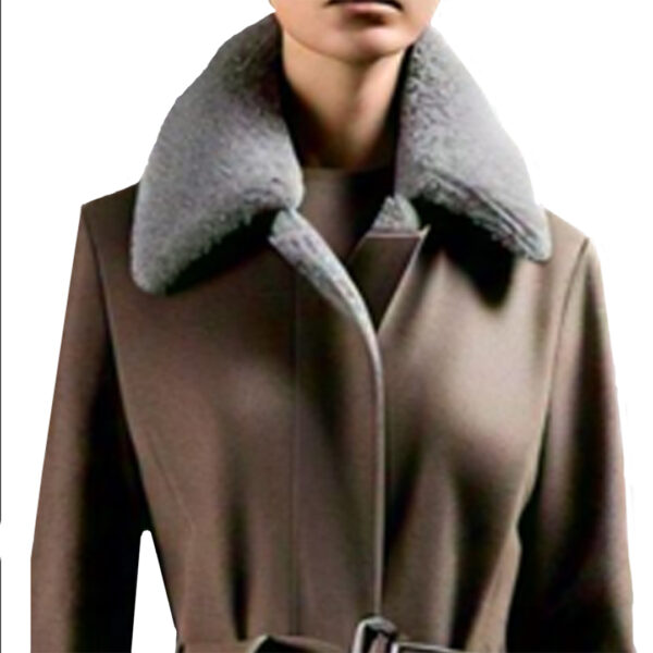 Luxurious Brown Wool-Blend Belted Coat with Plush Shearling Collar for Women's - Image 2