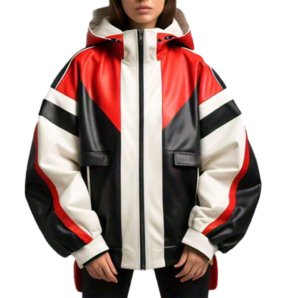 Women's Bold Tri-Color Oversized Suede Leather Hoodie Jacket - Image 3