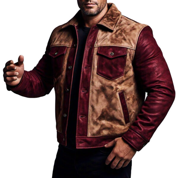 Men's Maroon & Camel Brown Vintage Retro Style suede Leather Jacket – Distressed Red Wax Real suede Leather Jacket