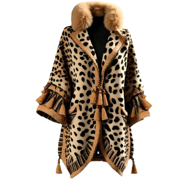 Women’s Leopard Print Jacquard Cape Coat with Faux Fox Fur Shearling Collar Thickened  Lined for Winter - Image 3