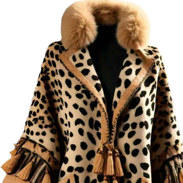 Women’s Leopard Print Jacquard Cape Coat with Faux Fox Fur Shearling Collar Thickened  Lined for Winter - Image 2