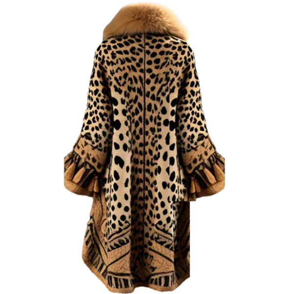 Women’s Leopard Print Jacquard Cape Coat with Faux Fox Fur Shearling Collar Thickened  Lined for Winter - Image 4