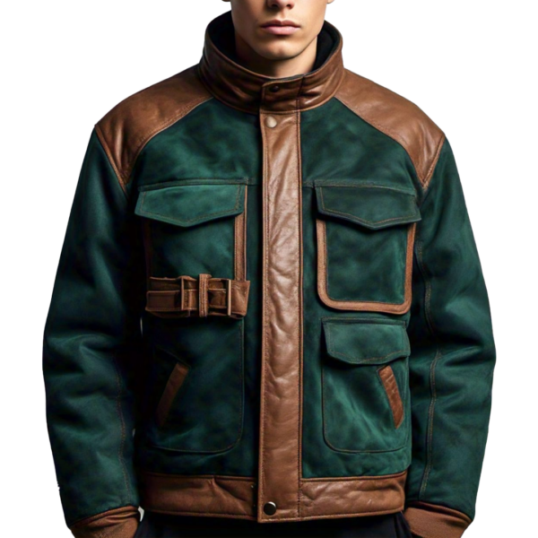 Premium Two-Tone Suede Leather Jacket multiple pockets