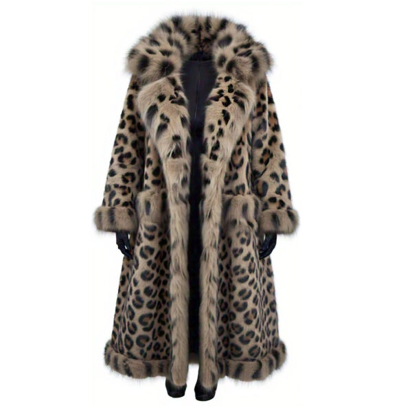 Elegant White Leopard Print Faux Fur Long Coat for Women - Winter Luxury Outerwear