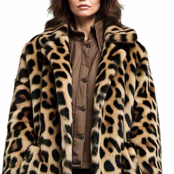 Women's Fluffy Leopard Pattern Long Coat - Image 3