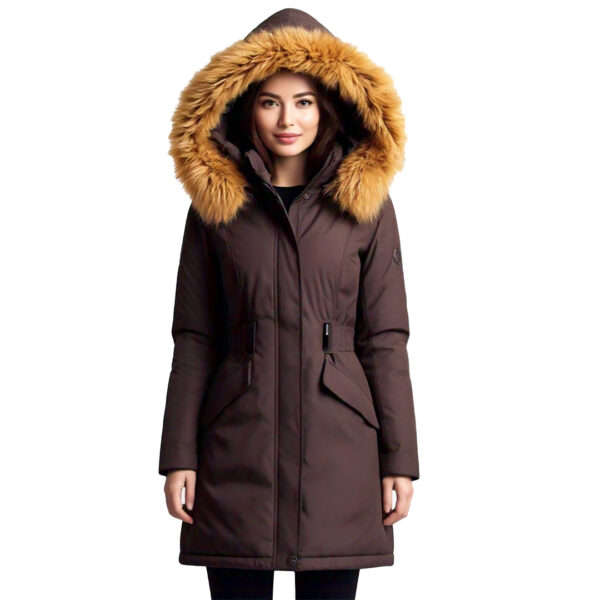 Women's Elegant Brown Winter Parka with Faux Fur Hood