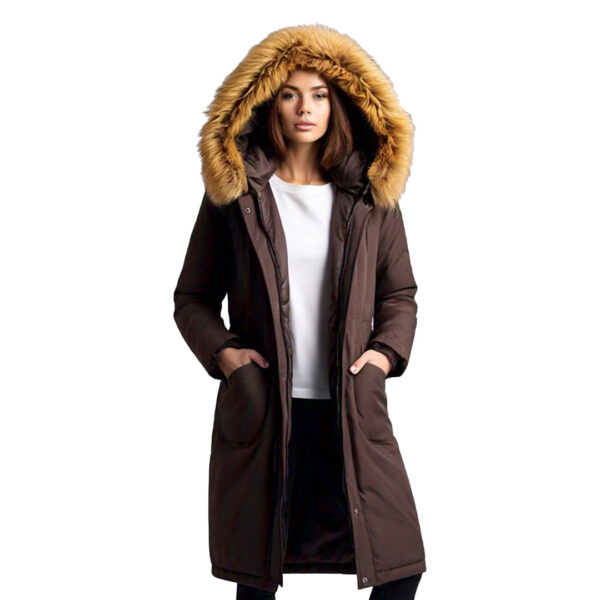 Women's Stylish Brown Winter Parka with Faux Fur Hood