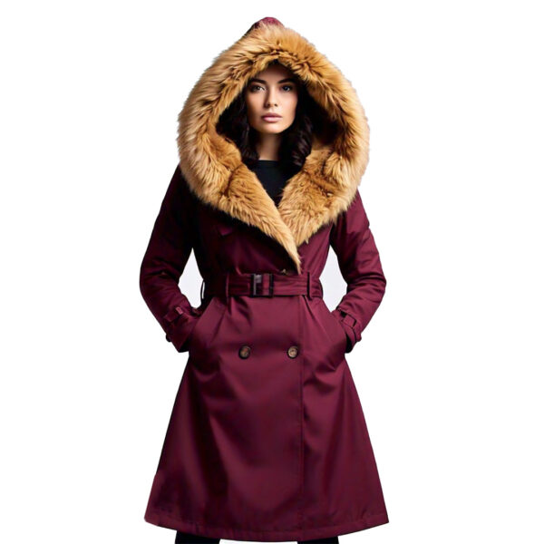 Women's Elegant Burgundy Winter Coat with Faux Fur Hood