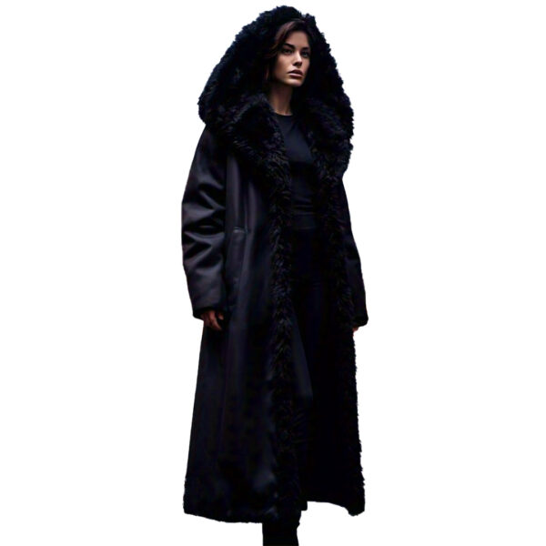 Women's Sleek Black Longline Coat with Faux Fur Trim