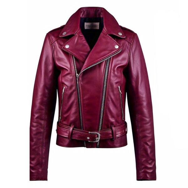 Women's Stylish Burgundy Leather Jacket with Zipper Details